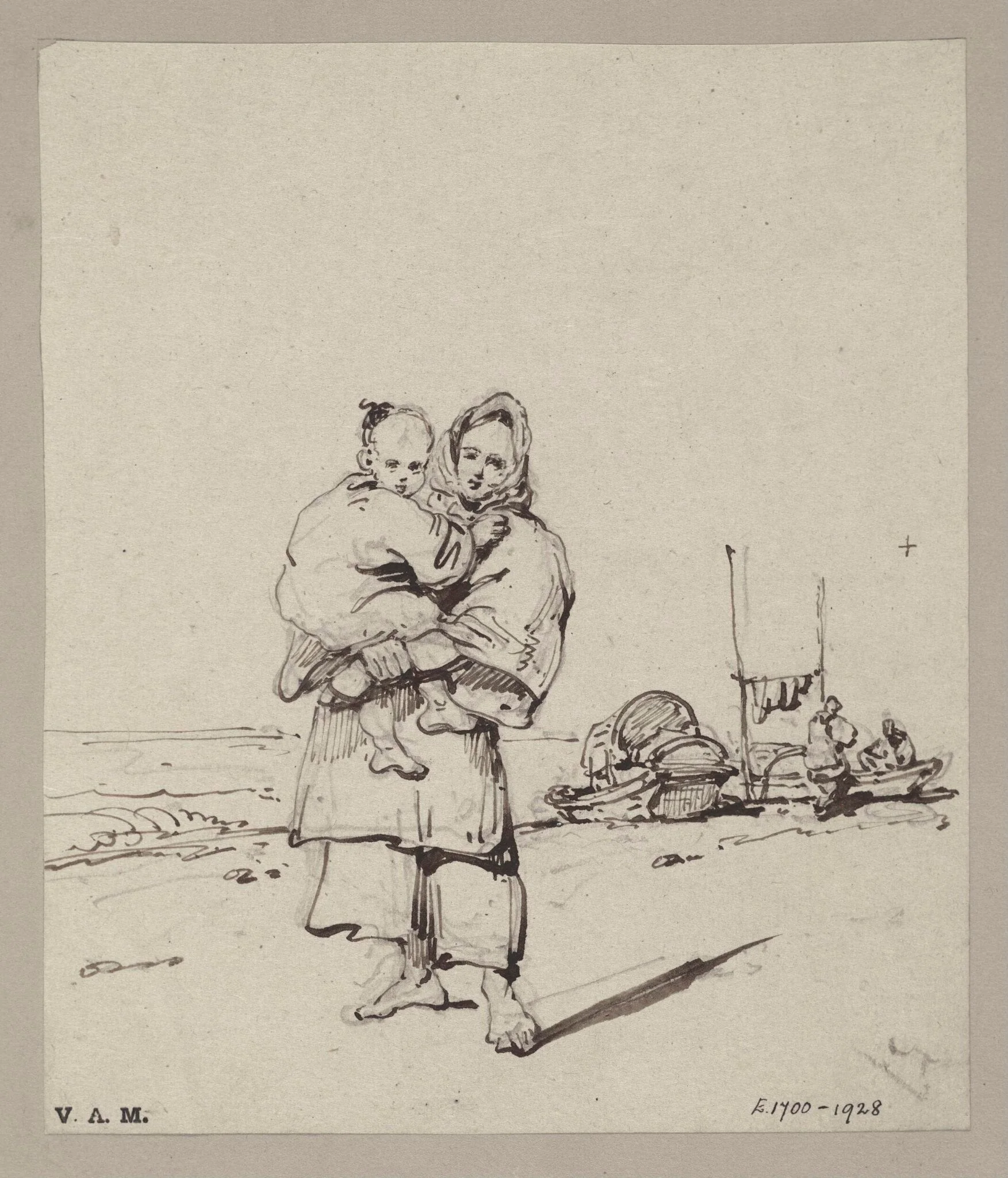 A Chinese boatwoman carrying a child, detail