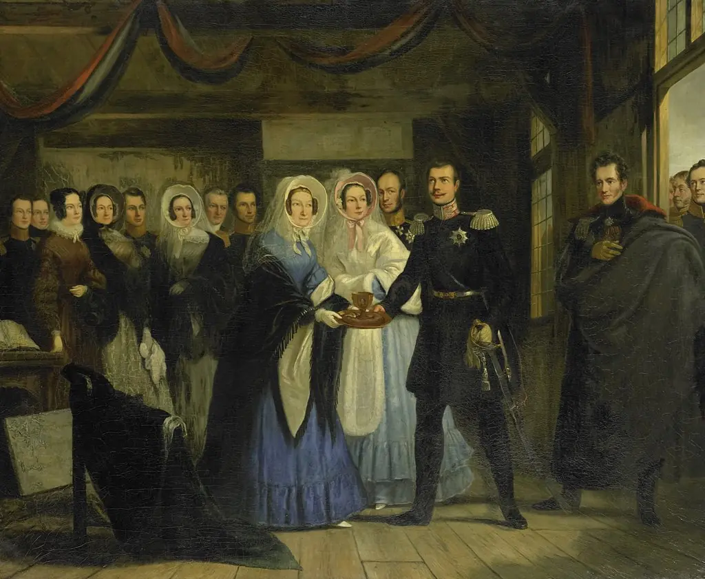 The Princess of Orange Receiving Alexander II (1818-1881), Grand Duke and Heir to the Throne of Russia, in the Czar Peter's House in Zaandam, 17 April 1839, by Christiaan Julius Lodewijk Portman, oil, 1839