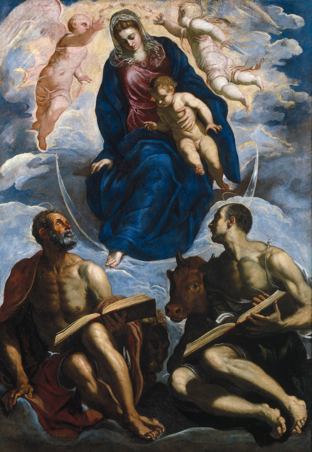 Mary with the Child, Venerated by St. Marc and St. Luke, by Jacopo Tintoretto, paint, 1565