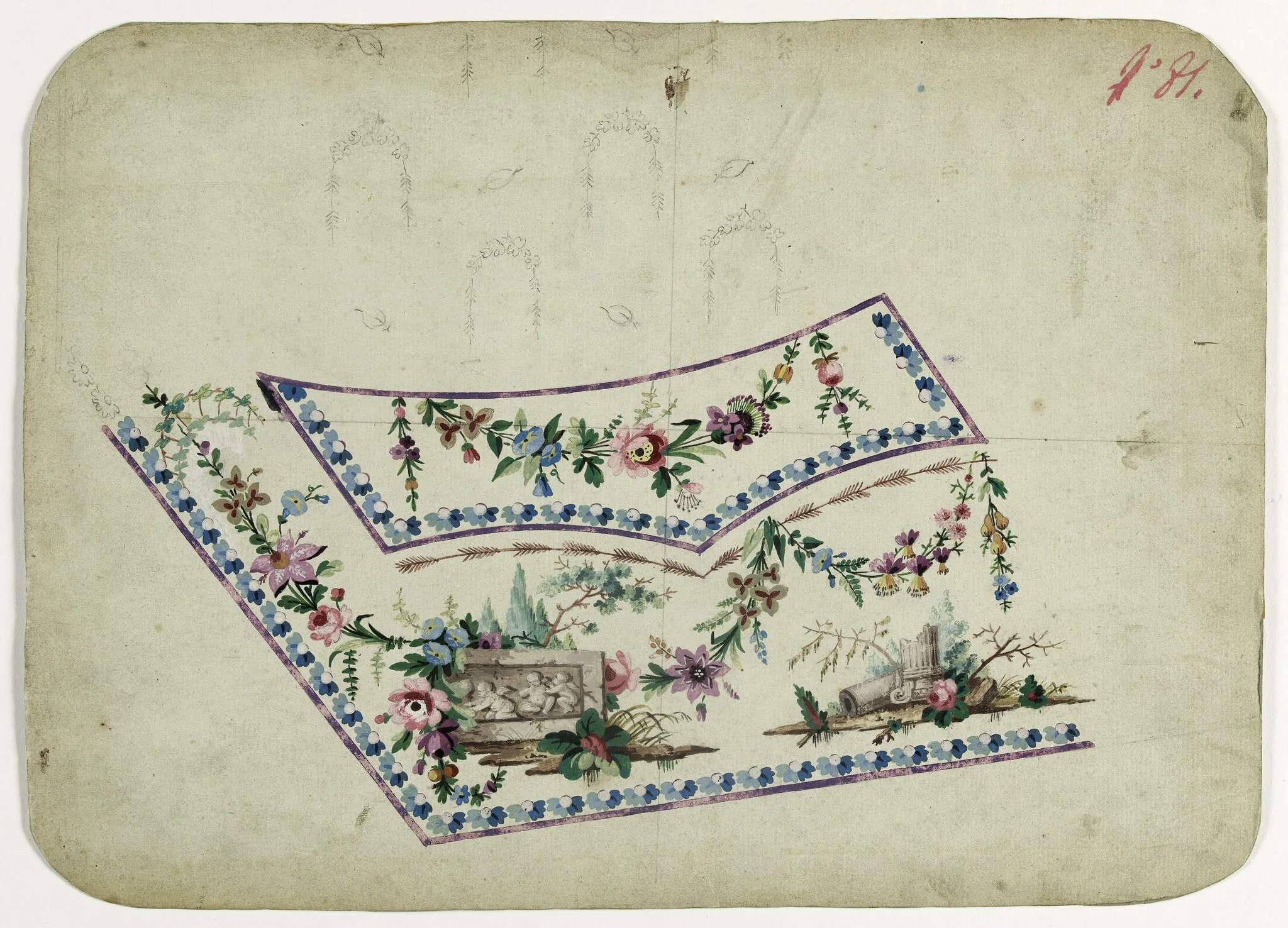 Paysage à bas relief, projets de broderies de gilet, XVIIIème siècle, detail