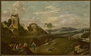 Italian landscape with ruins, by Cornelius van Poelenburgh, oil, 1640