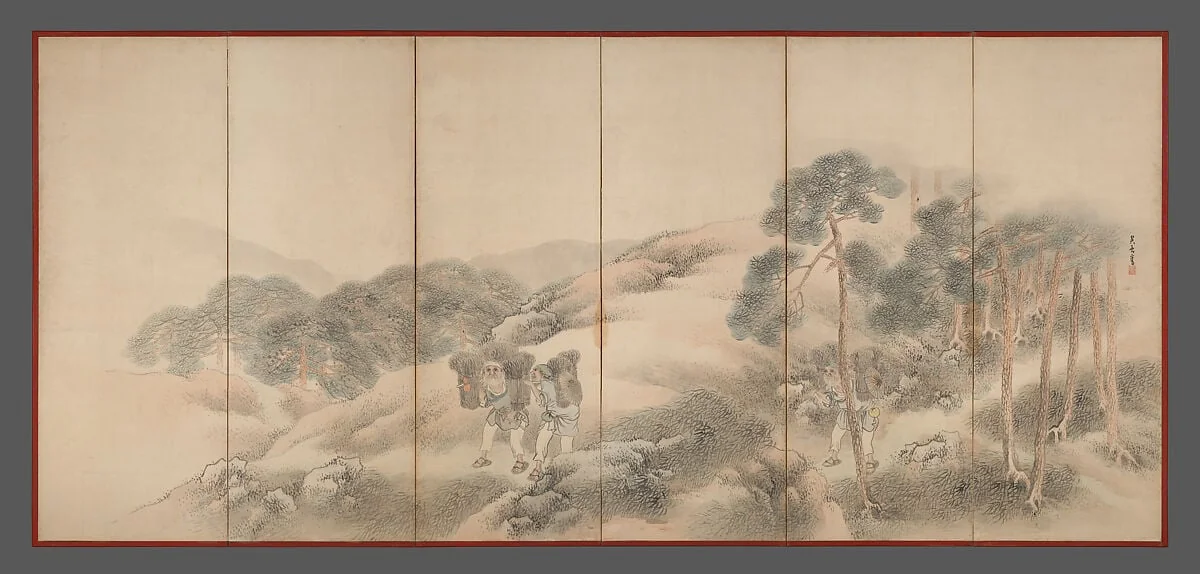 松村呉春筆 山樵漁夫図屏風|Woodcutters and Fishermen, detail
