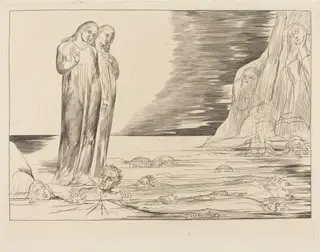 The Circle of the Traitors; Dante's Foot Striking Bocca degli Abbate, by William Blake, ink, 1827