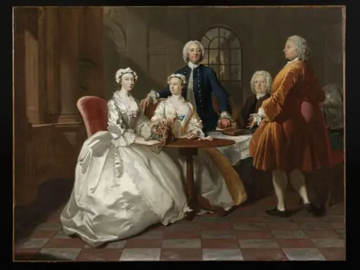 A portrait of the Vigor Family: Jane Vigor, Joseph Vigor, Ann Vigor, William Vigor and probably John Penn, by Joseph Highmore, oil, 1744