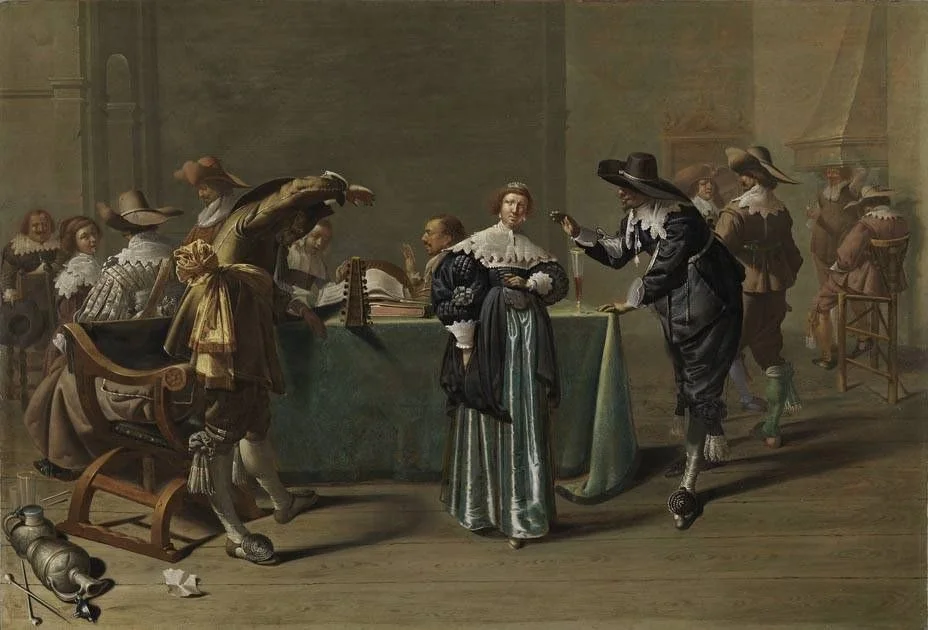 Elegant company singing, dancing and smoking in an interior, detail