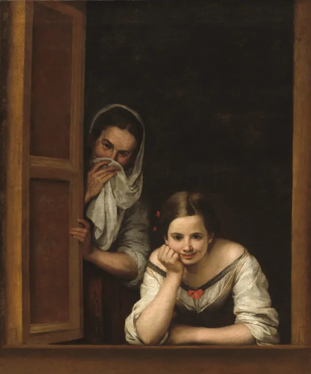 Murillo aims the full tenebrist apparatus at a joke. The empty brown interior is the same void Ribera used for a martyrdom; the light it isolates is laughter rather than grace.