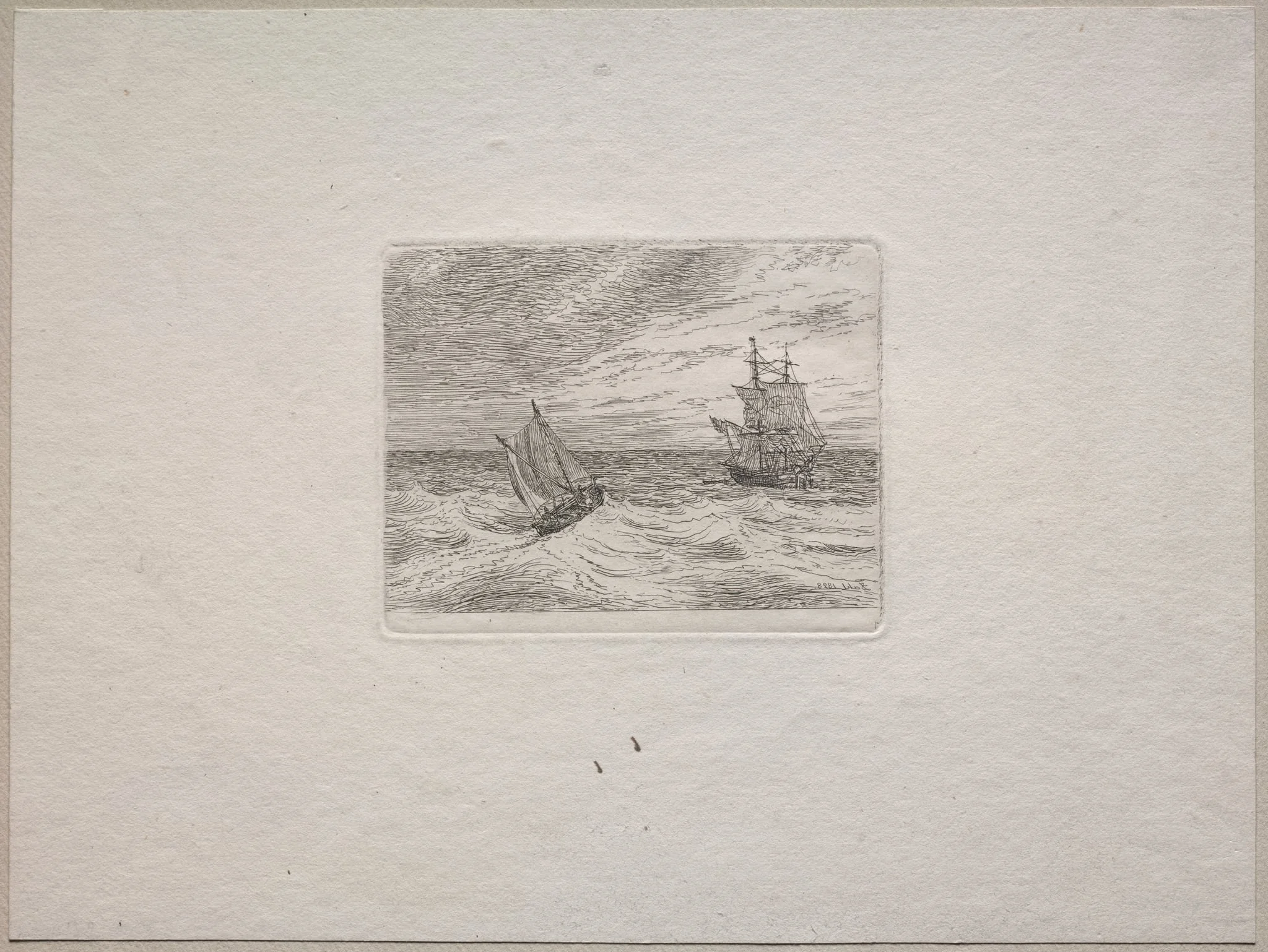 Rough Seas with a Two-master and Sailboat, detail