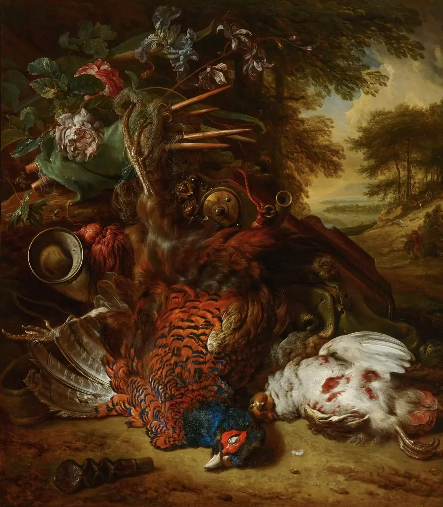 Hunting Still Life, by Jan Weenix, oil, 1708
