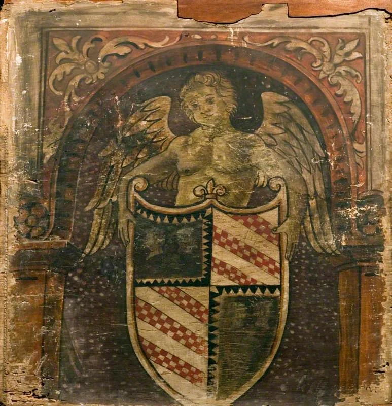 A Cupid with a Coat of Arms (one of 29 painted panels from a frieze), detail