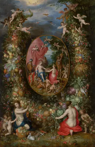Garland of Flowers around an Allegory of Farming, by Jan Brueghel, the elder, oil, 1615
