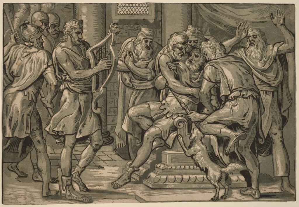 David Playing the Harp before Saul, by Frans Floris I, ink, 1555