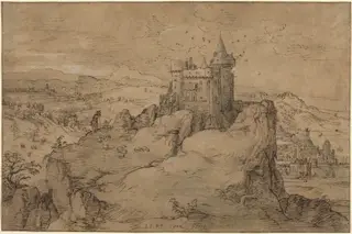 Landscape with Castle above a Harbor, by Matthys Cock, ink, 1540