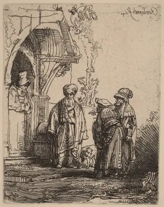 Three Oriental Figures (Jacob and Laban?), by Rembrandt van Rijn, ink, 1641