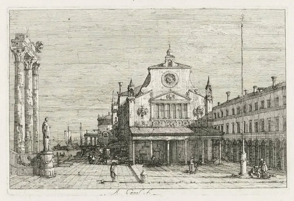 Views:  Three Columns and a Statue on the Sea Coast, by Canaletto, 1740