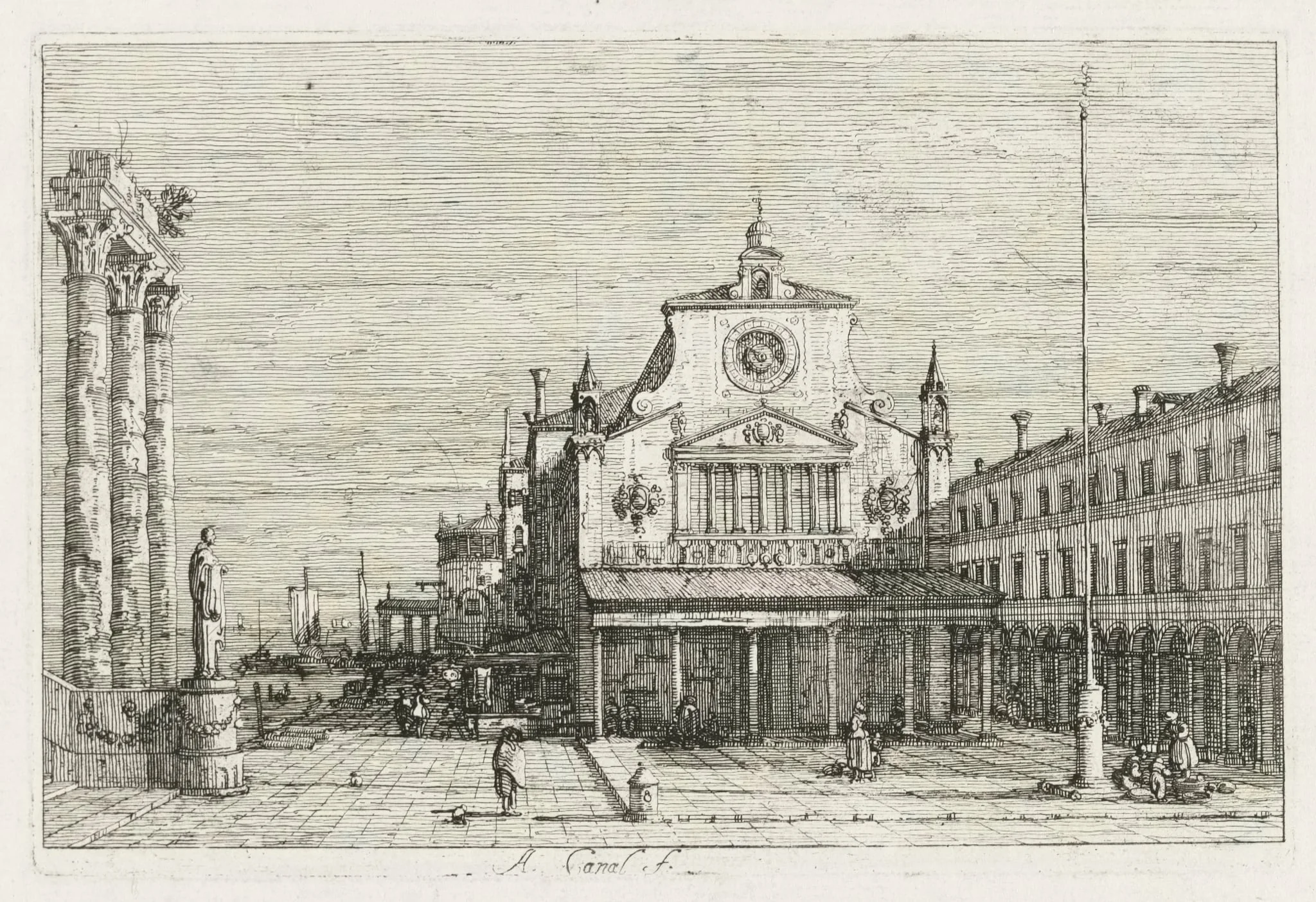 Views: Three Columns and a Statue on the Sea Coast, detail