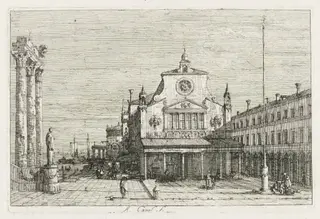 Views:  Three Columns and a Statue on the Sea Coast, by Canaletto, 1740