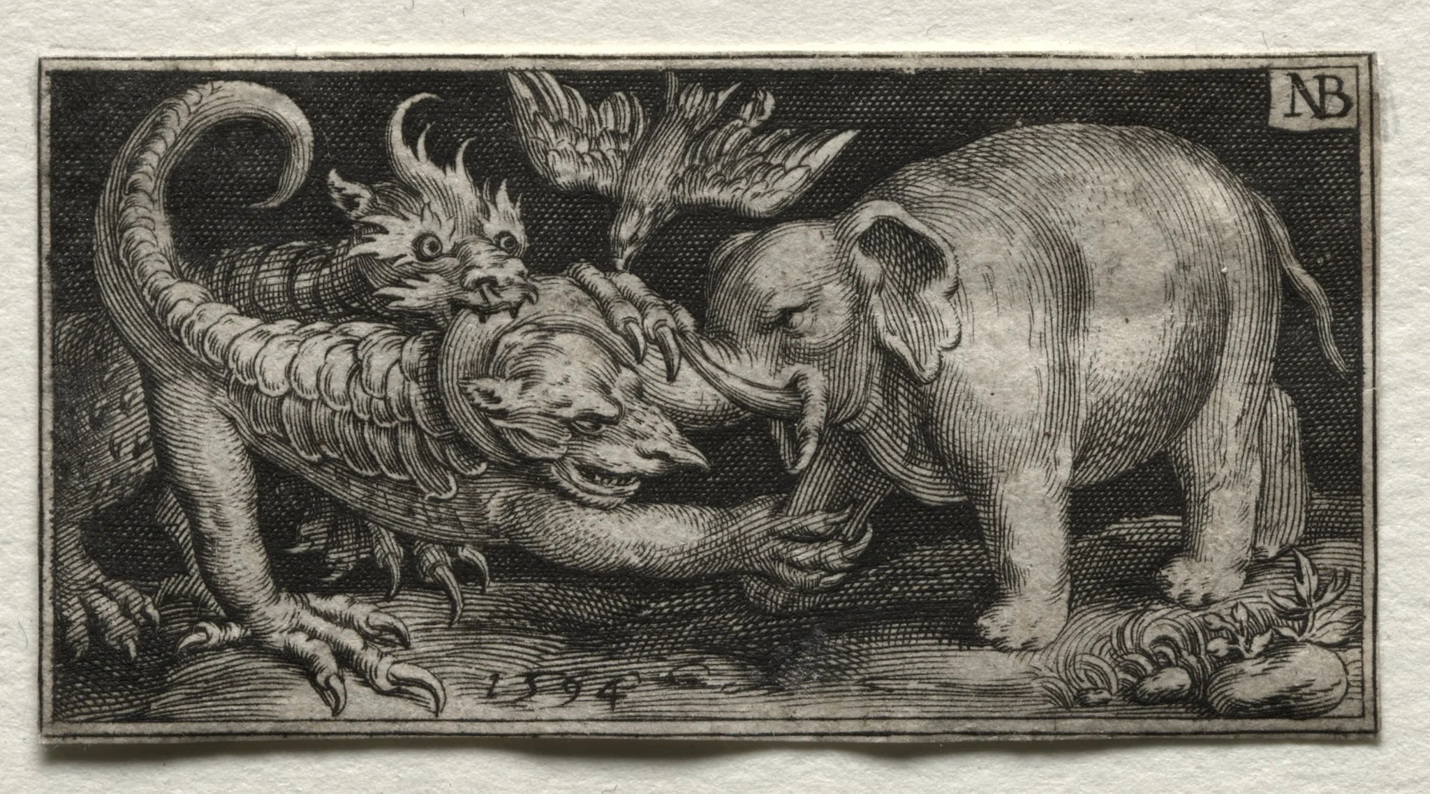 Elephant Fighting two Beasts, detail