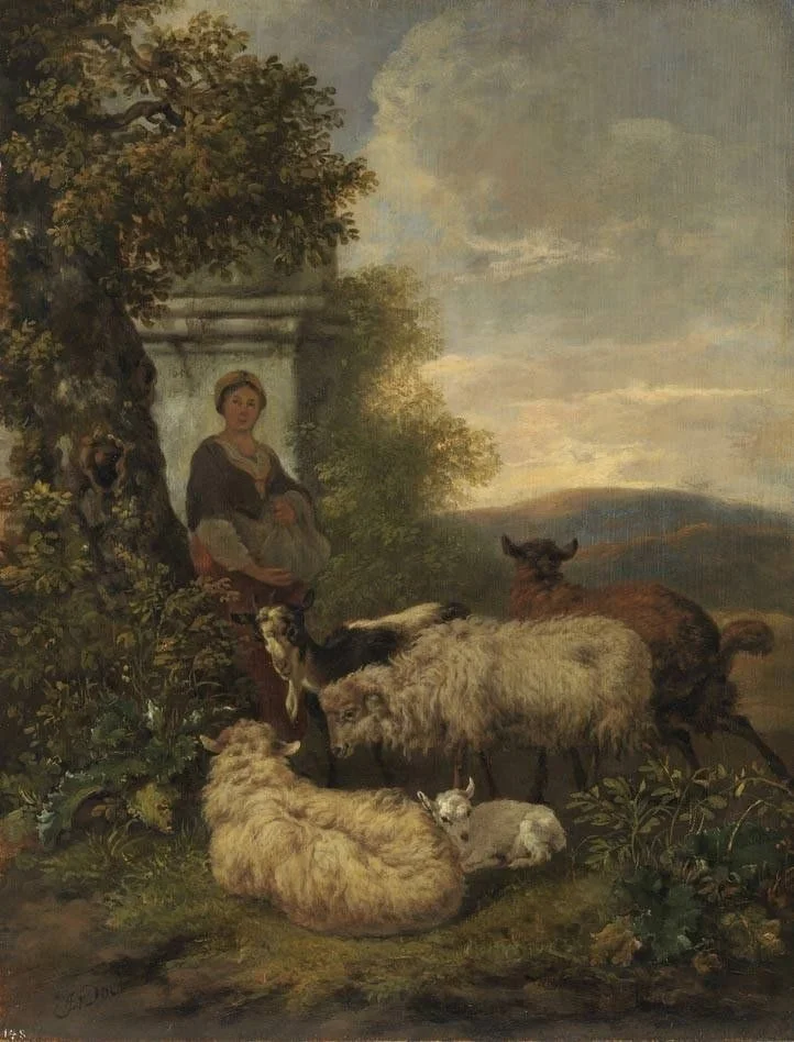 Abendlandschaft mit Schafen, Ziegen und Hirtin, detail