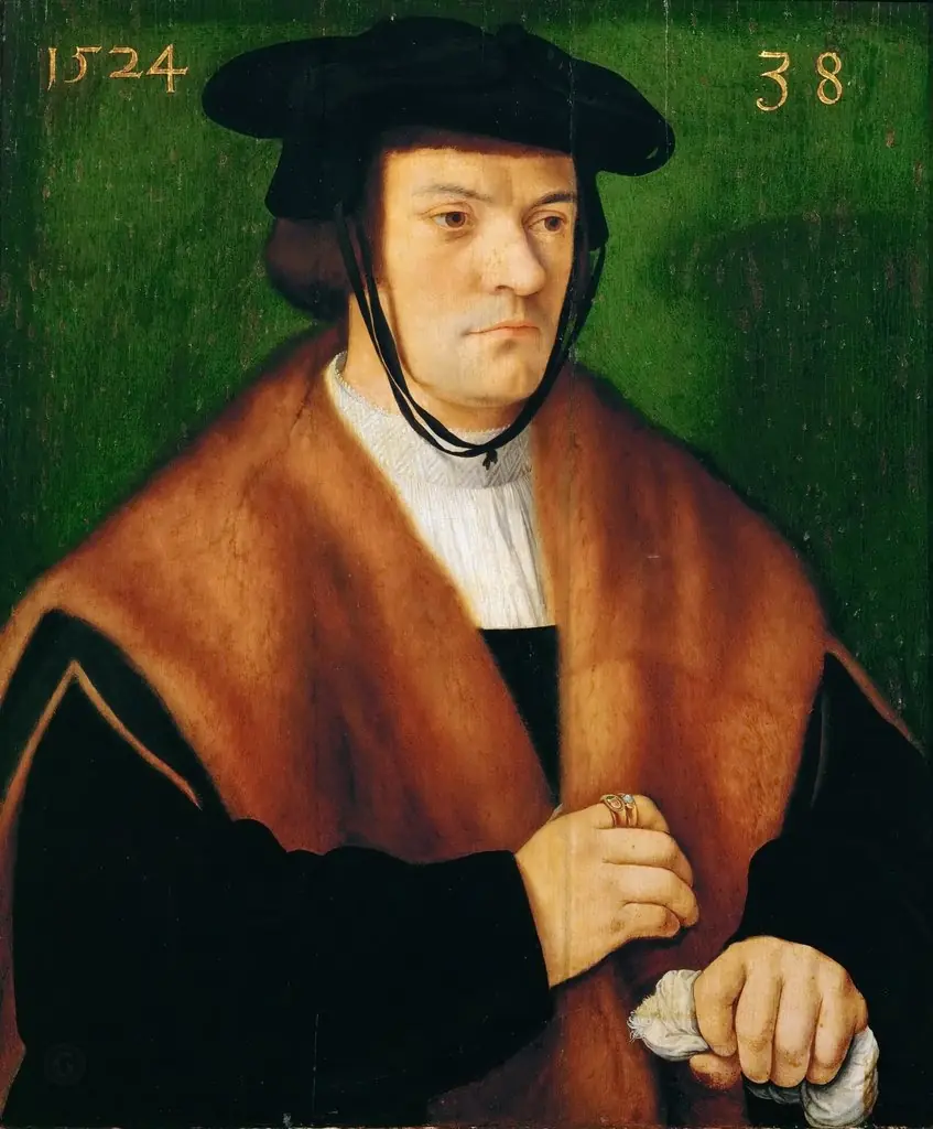Gerhard von Westerburg (1486–after 1539), Half-Length, in a Fur-Trimmed Mantle and Black Hat, by Bartholomaeus Bruyn the Elder, oil, 1524
