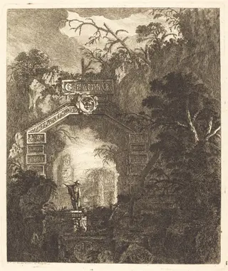 Figure Standing under a Stone Arch, by Jean-Laurent Legeay, ink, 1768