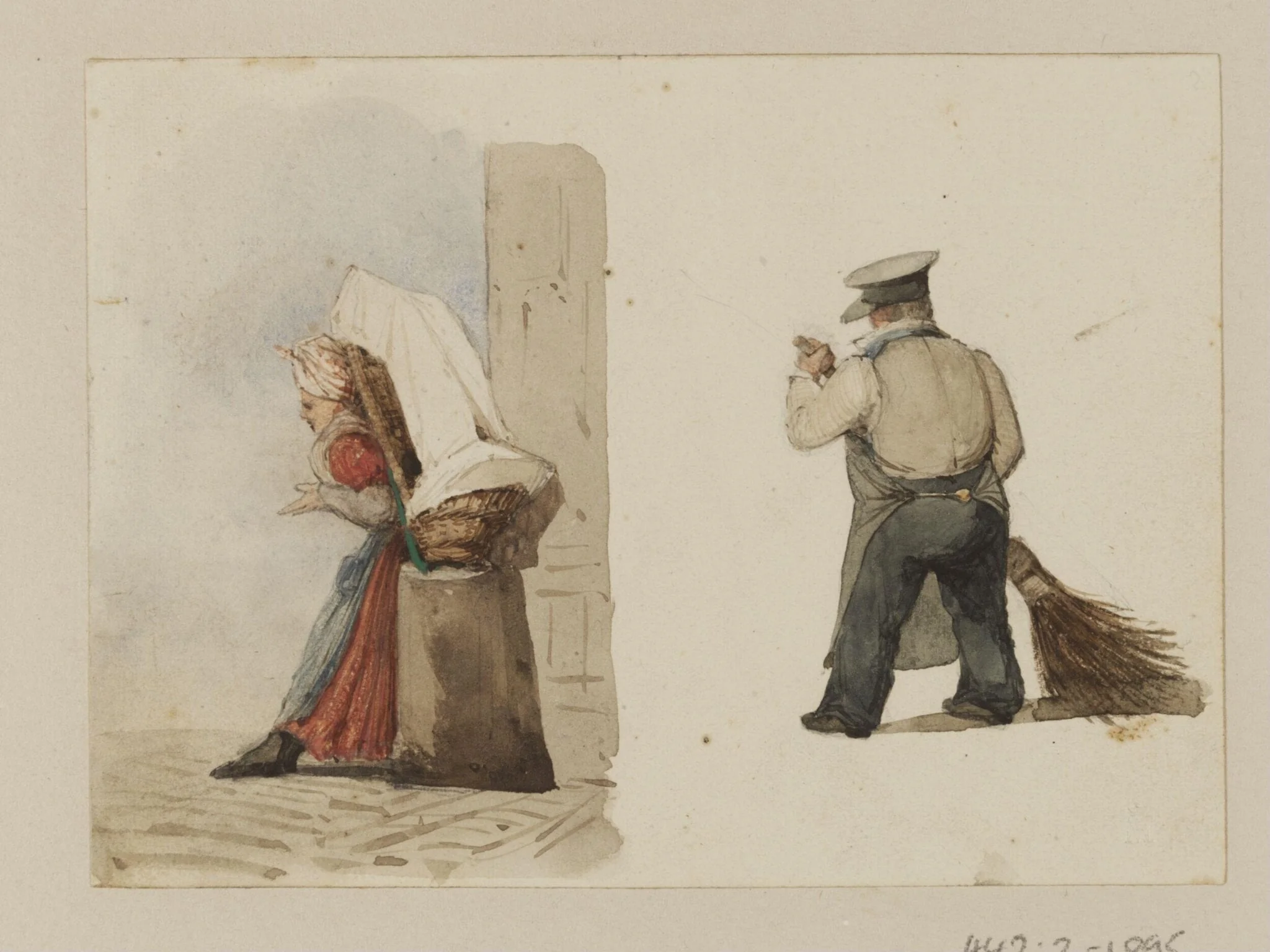 A woman resting a load on a post and a man sweeping, detail