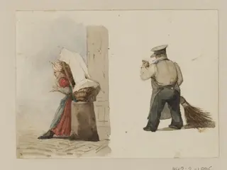 A woman resting a load on a post and a man  sweeping, by Ambrose Poynter, watercolor, 1835