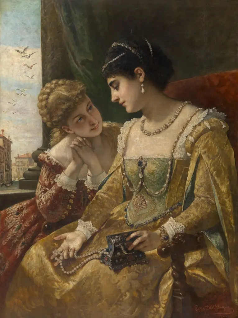 The bridal jewelry. Venetian women in the 16th century, by Cesare Dell'Acqua, oil, 1872