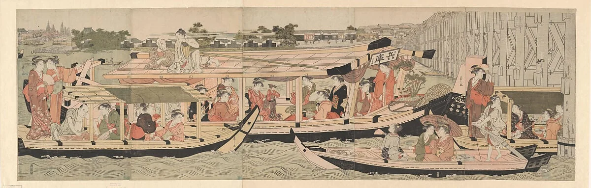 新大橋橋下の涼み船|Pleasure Boats on the Sumida River beneath Shin-Ōhashi Bridge, detail