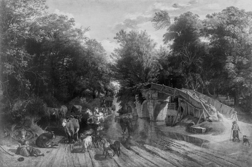 River landscape with bridge and ford, by Johannes Siberechts, paint, 1675