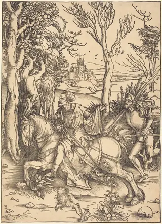 The Knight on Horseback and the Lansquenet, by Albrecht Dürer, ink, 1496