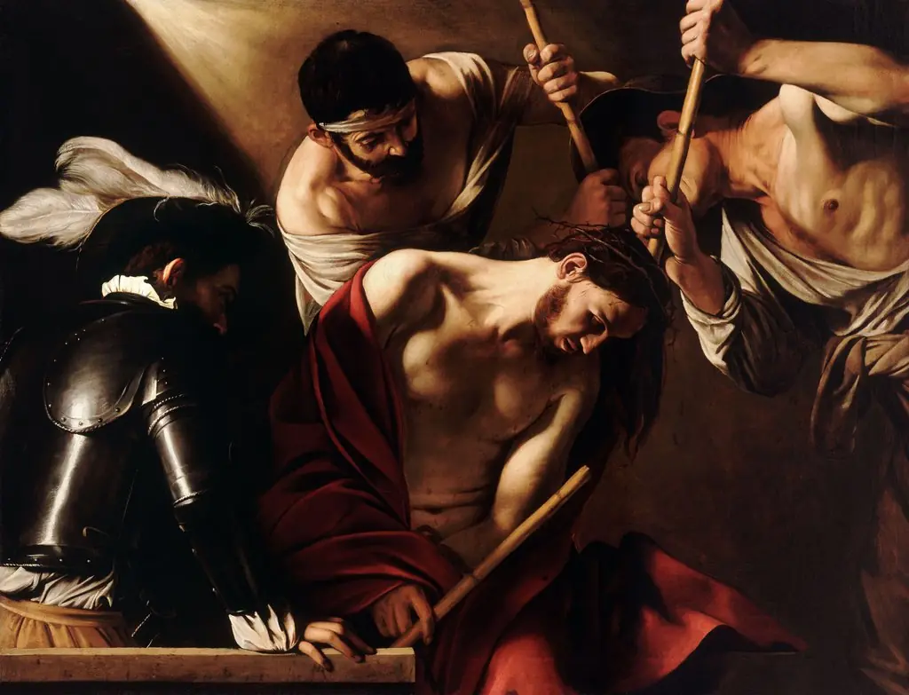 The Crowning with Thorns, by Caravaggio, oil, 1602