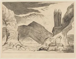 The Circle of the Falsifiers: Dante and Virgil Covering their Noses because of the st, by William Blake, ink, 1827