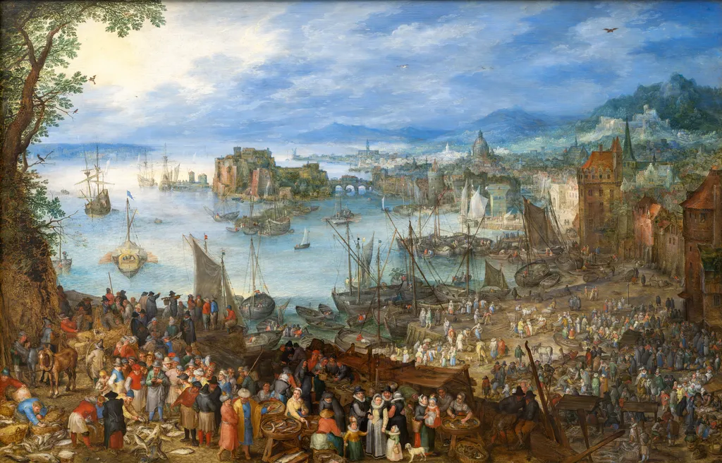 Large Fish Market, by Jan Brueghel, the elder, oil, 1603