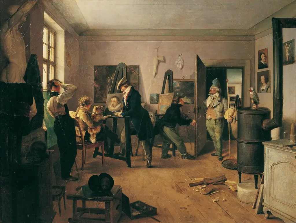 Atelier with painting students, by Josef Danhauser, oil, 1828