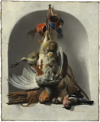 Still Life with Birds and Hunting Gear in a Niche, by Melchior d' Hondecoeter, oil, 1663