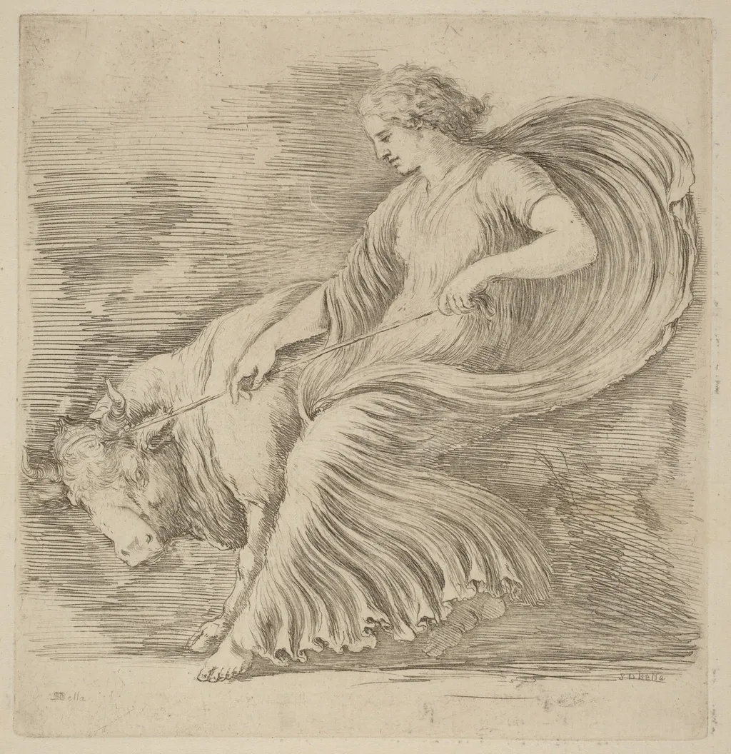 Woman with a Young Bull, by Stefano Della Bella, ink, 1637
