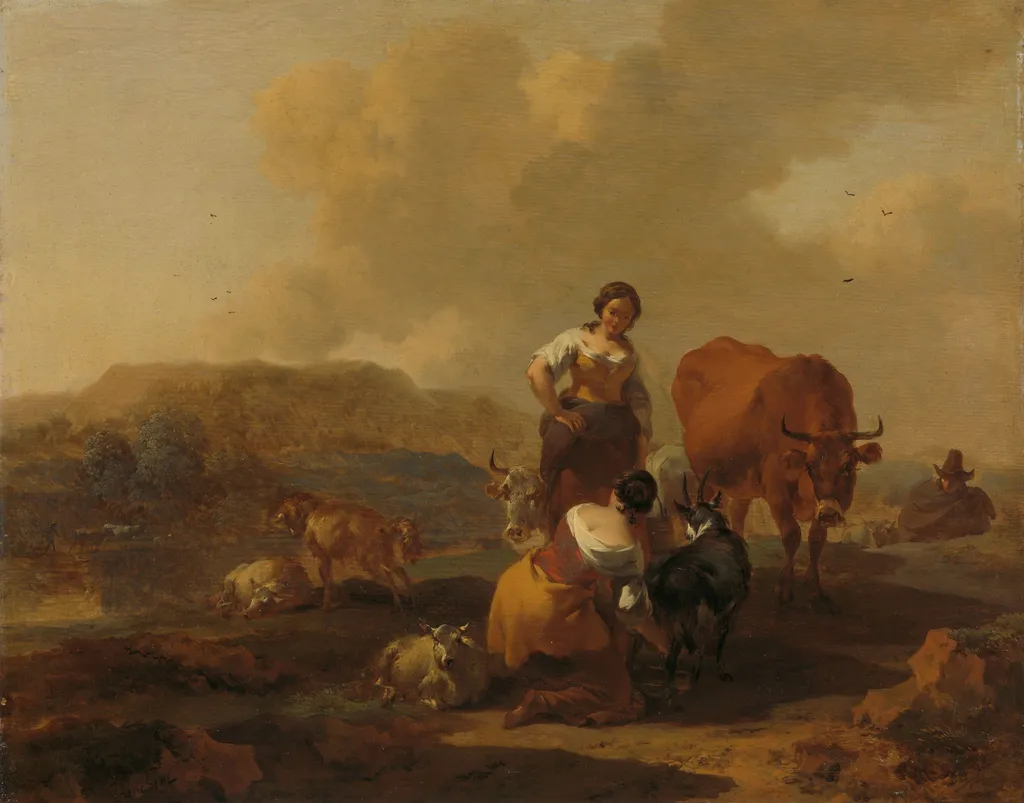 Italian landscape, by Nicolaes Pieterszoon Berchem, oil, 1669