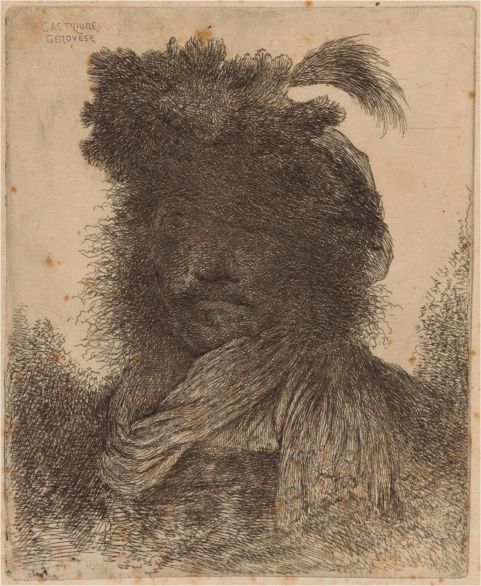 Bearded Man with Shadowed Face, Wearing a Scarf and a Plumed Hat, detail