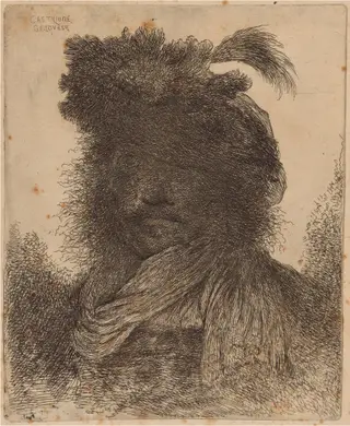 Bearded Man with Shadowed Face, Wearing a Scarf and a Plumed Hat, by Giovanni Benedetto Castiglione, ink, 1648