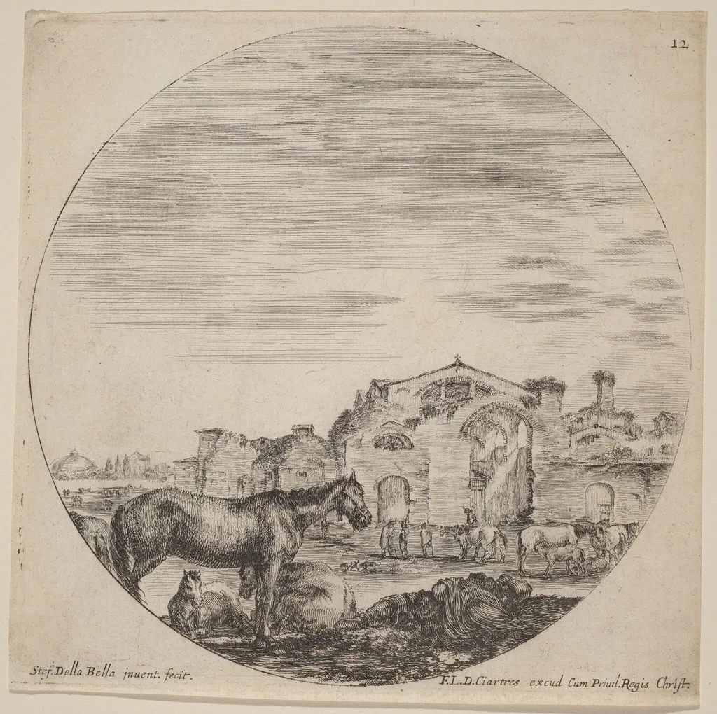 Baths of Diocletian and Shepherd Sleeping, by Stefano Della Bella, ink, 1646
