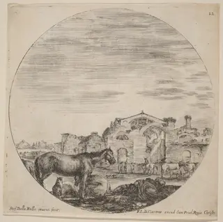 Baths of Diocletian and Shepherd Sleeping, by Stefano Della Bella, ink, 1646