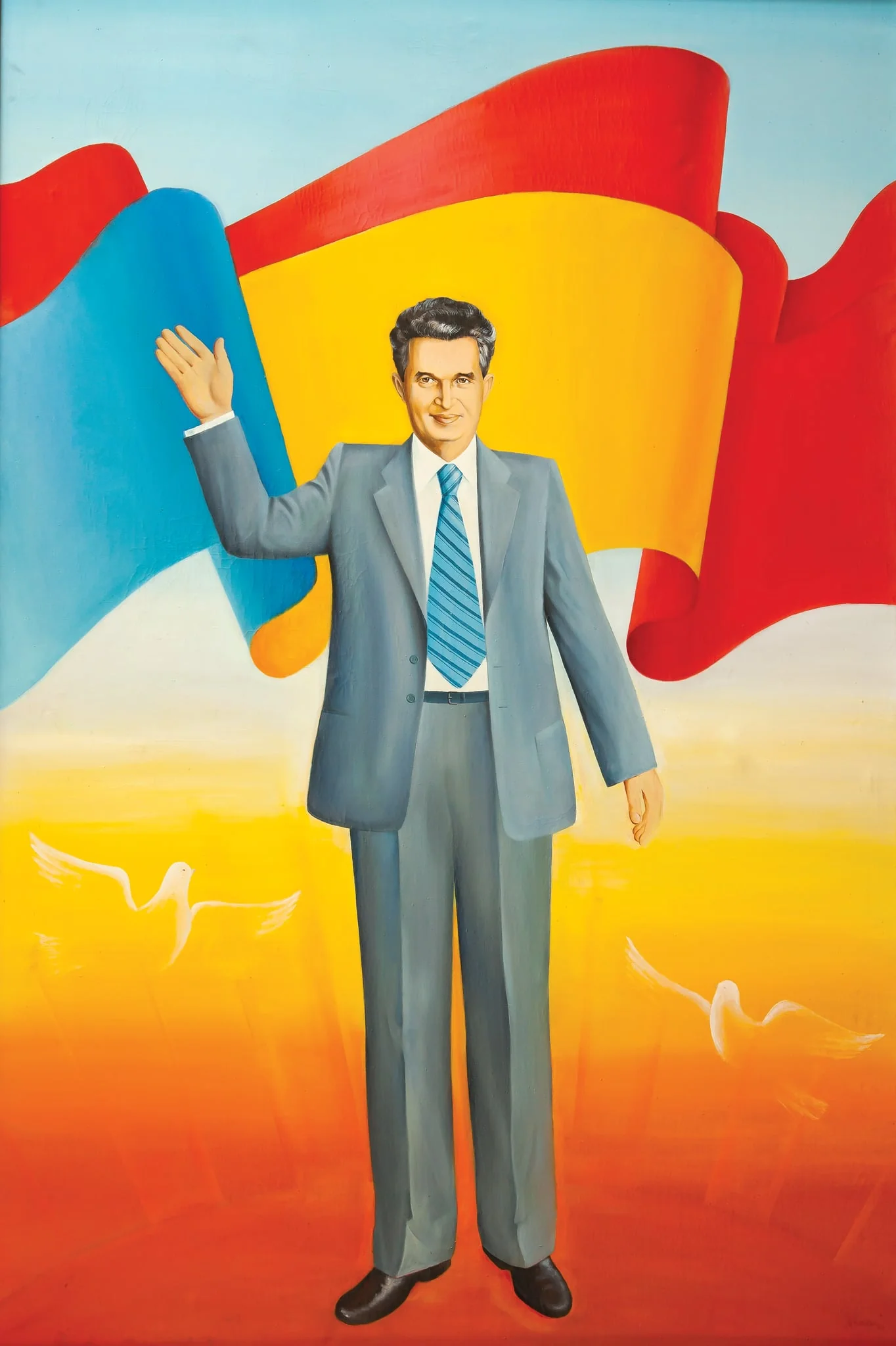 Tablou „ Ceaușescu Pace”, semnat M. Ceacîru și datat dreapta jos. Tabloul îl prezintă pe Nicolae Ceaușescu salutând, în spatele său flutură tricolorul și stegul PCR, în stânga și în dreapta sa doi porumbei albi în zbor.Comandat de Comitetul Județean de Partid Neamț (1989), detail