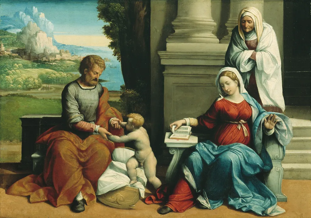 Holy Family with St. Anne, by Benvenuto Tisi, oil, 1530