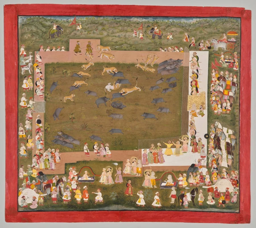 Maharana Sangram Singh II of Mewar (r. 1710–34) and Stages a Boar Hunt with Tigers at Sadri, detail