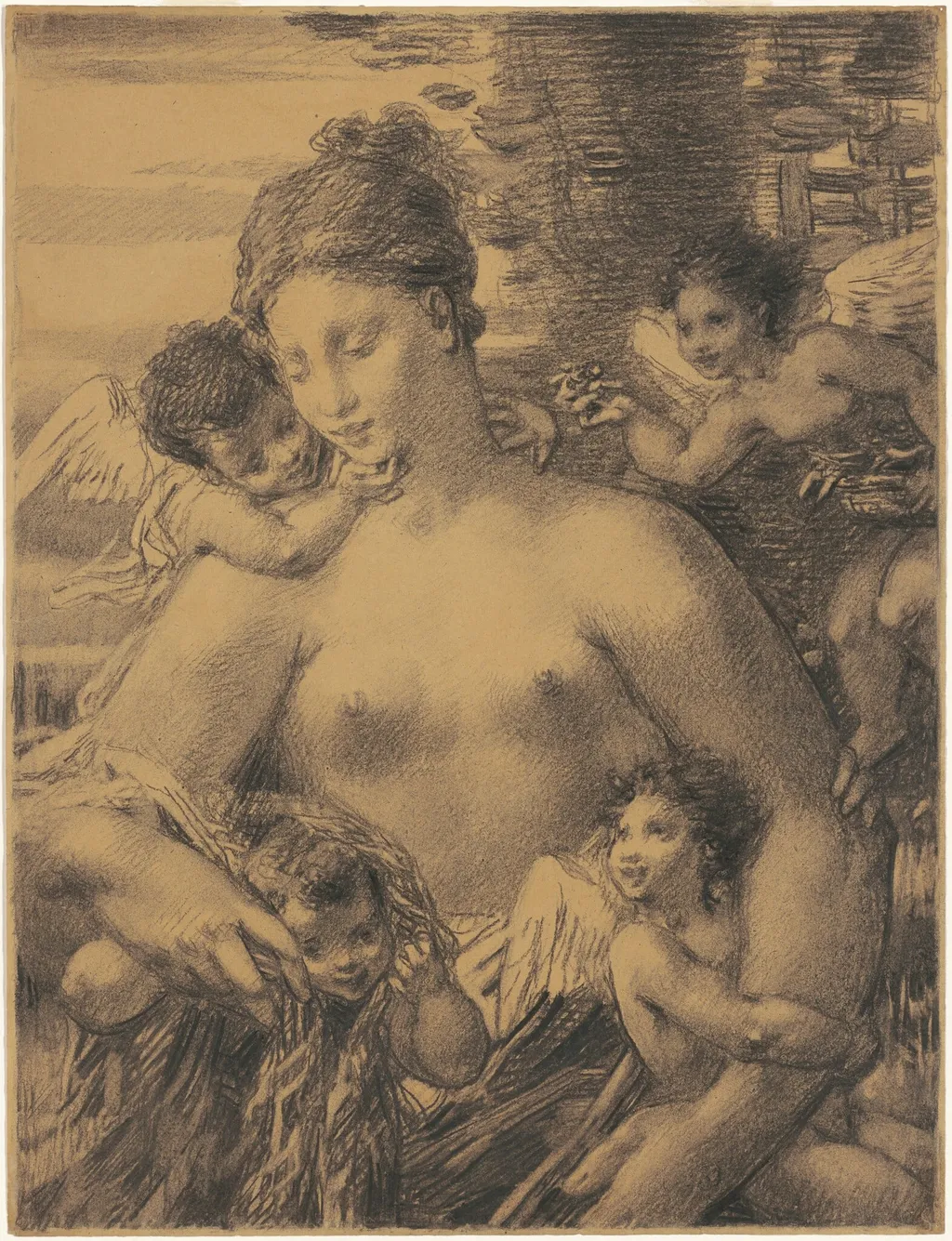 Nude with Cherubim, by William Perkins Babcock, charcoal, 1870