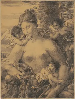 Nude with Cherubim, by William Perkins Babcock, charcoal, 1870