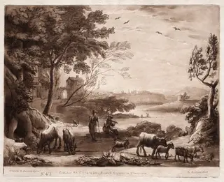 Liber Veritatis:  No. 42, A River Landscape with a Shepherd and Shepherdess and a Herd of Cattle, by Richard Earlom, 1774