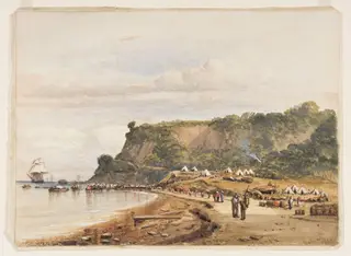 Landing of British and French Troops at Varna on the Black Sea from H.M.S Bellerophon, 17 July 1854, in the Crimean War, by Ben Hallewell, watercolor, 1860
