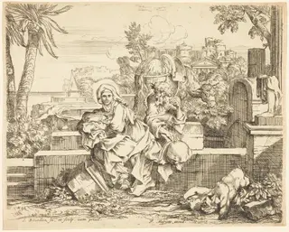 Rest on the Flight into Egypt, by Sébastien Bourdon, ink, 1650