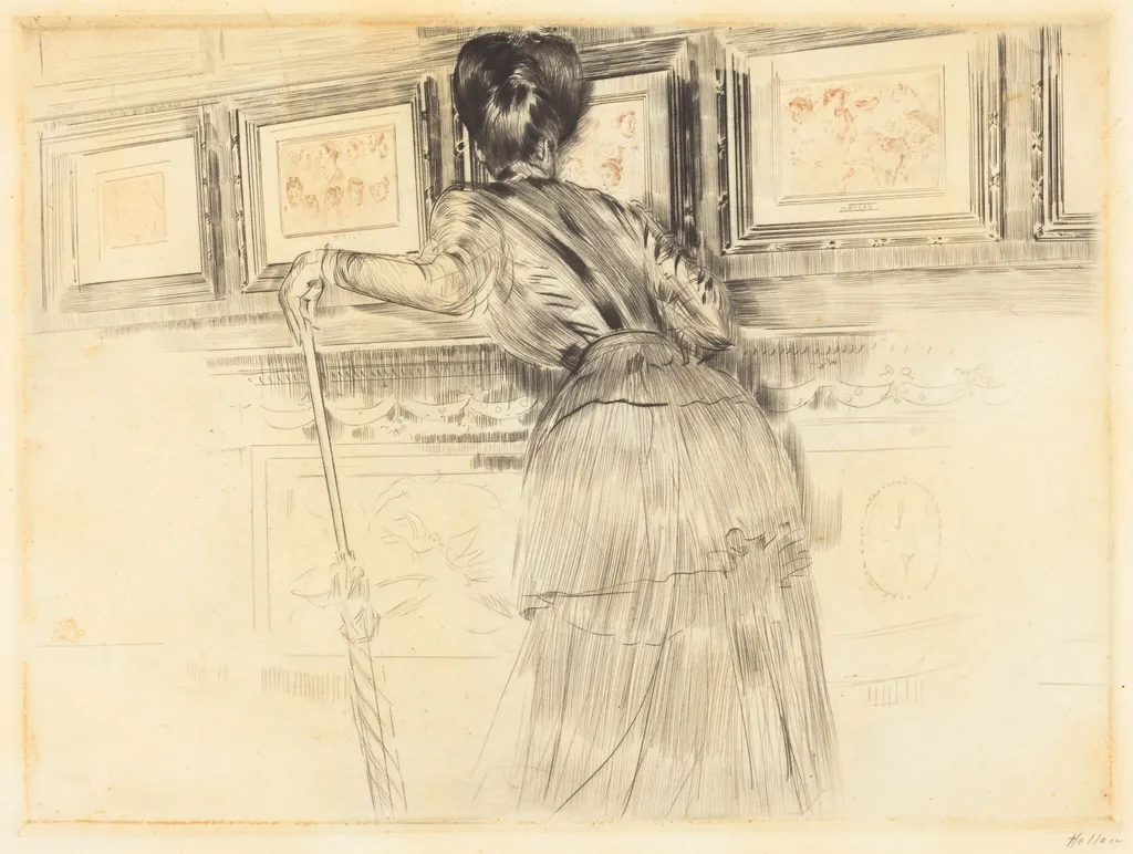 In Front of the Watteaus in the Louvre, by Paul César Helleu, ink, 1895